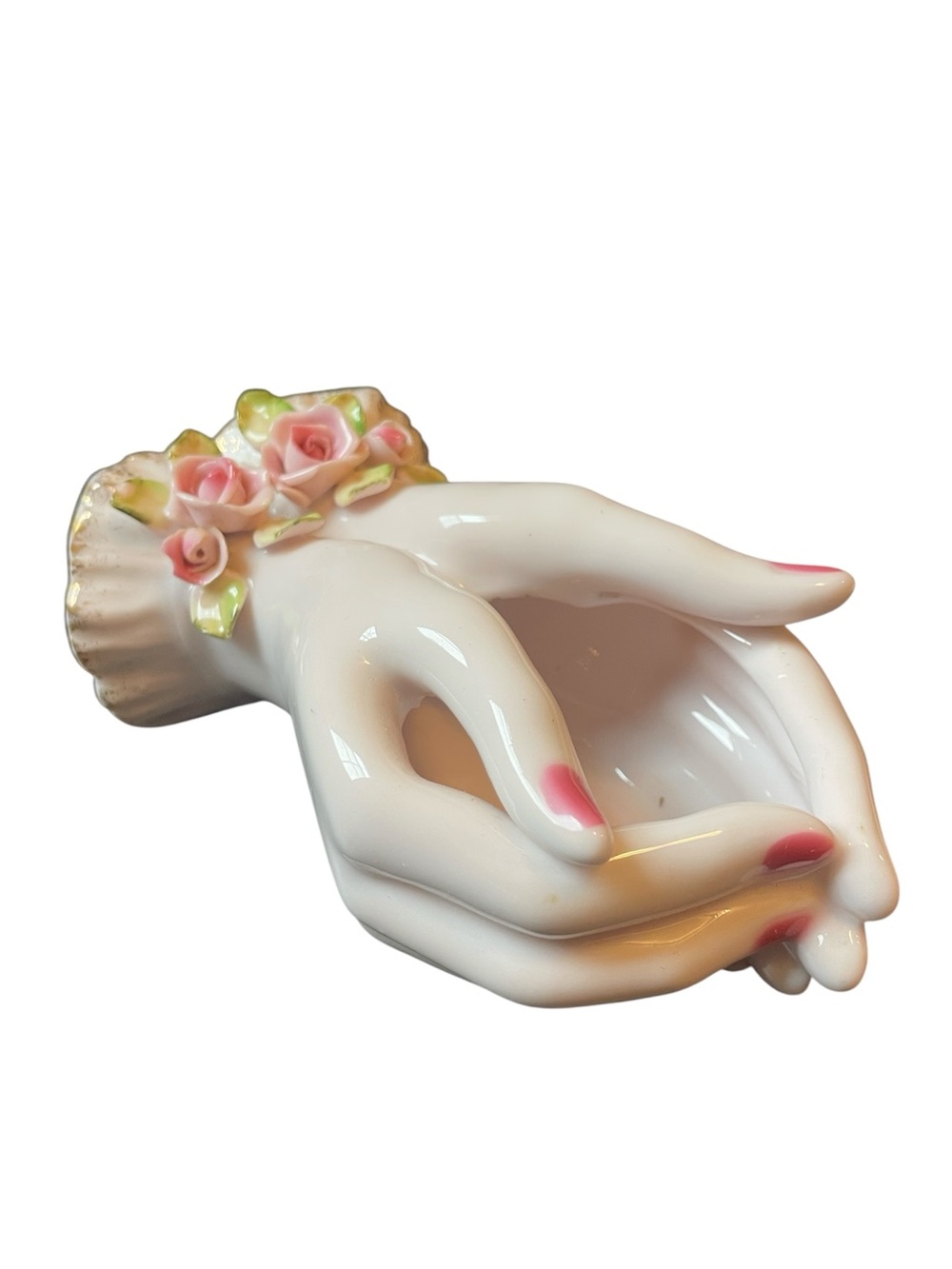 Vintage Lefton Porcelain Hand Trinket Dish Pink Rose Cupped Hands Vase